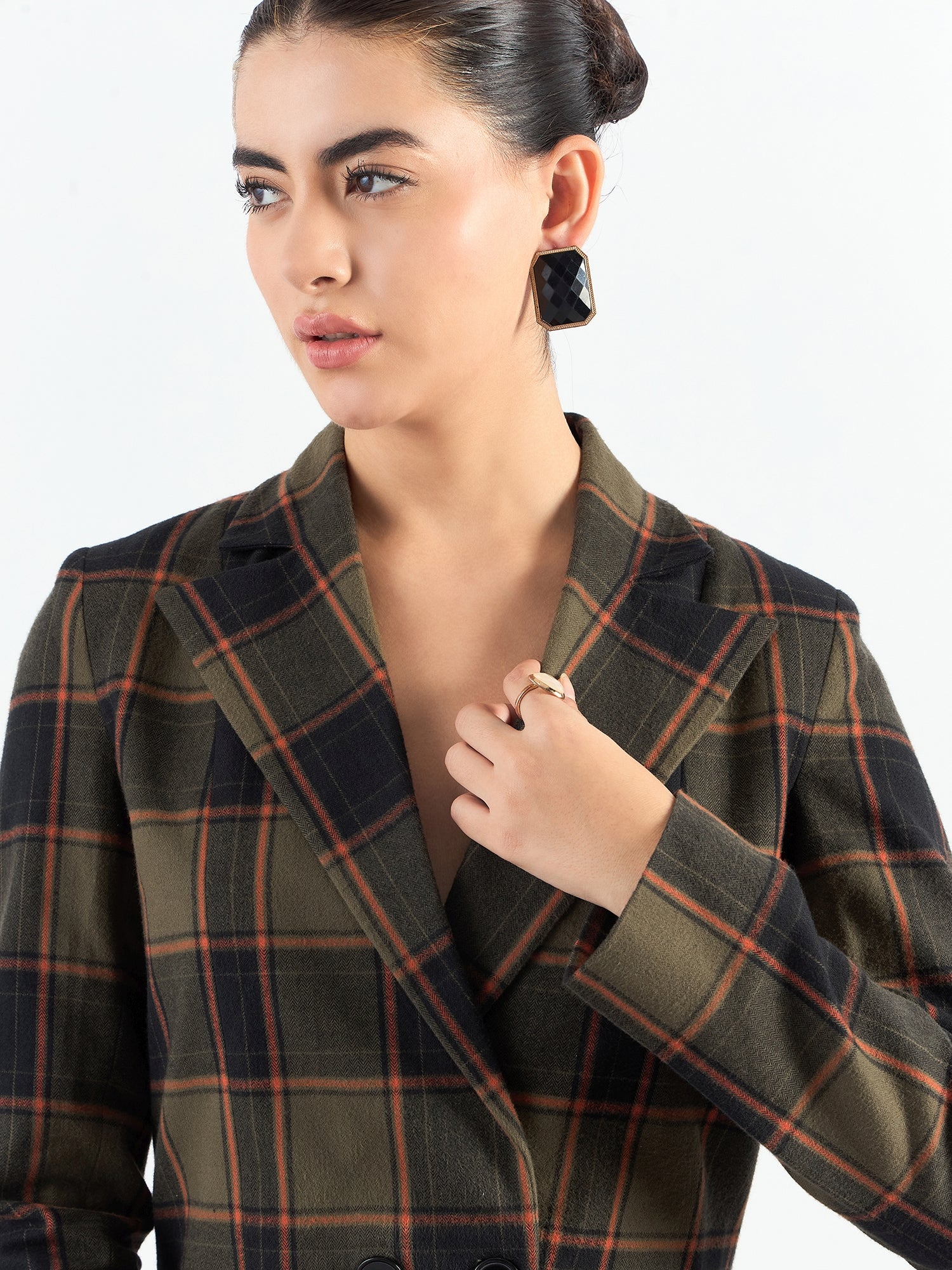 Notched Lapel Checkered Warm Crop Blazer With Trouser