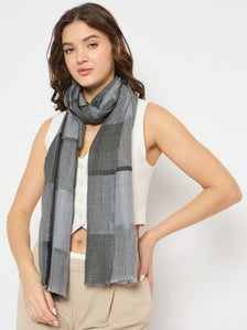 Women Colorblock Checkered Pattern Frayed Edges Warm Wool Rectangular Scarf