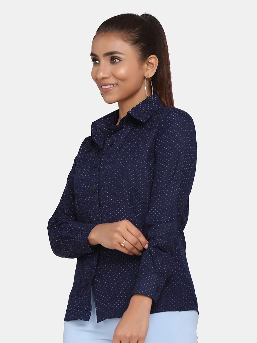 Printed Collared Formal Shirt for Women - Navy Blue