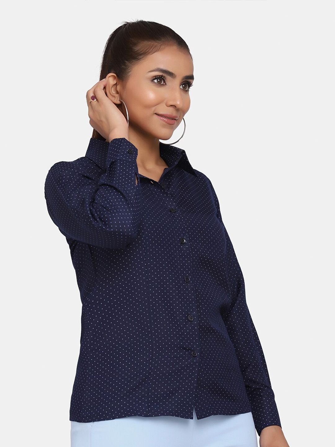 Printed Collared Formal Shirt for Women - Navy Blue