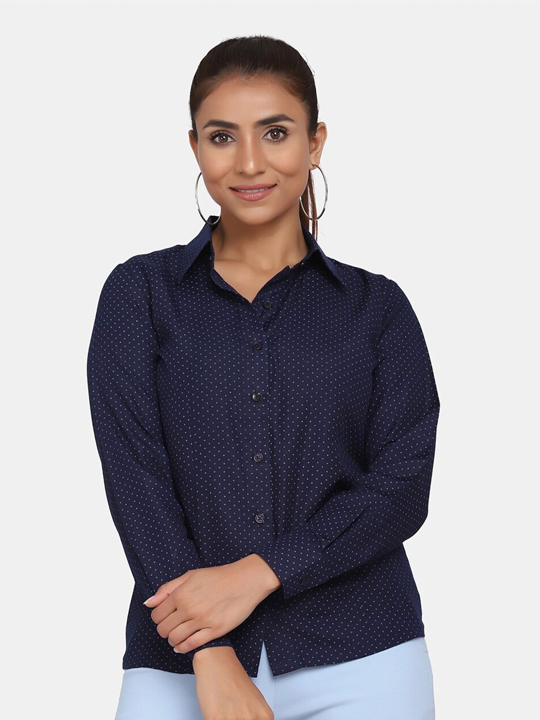 Printed Collared Formal Shirt for Women - Navy Blue