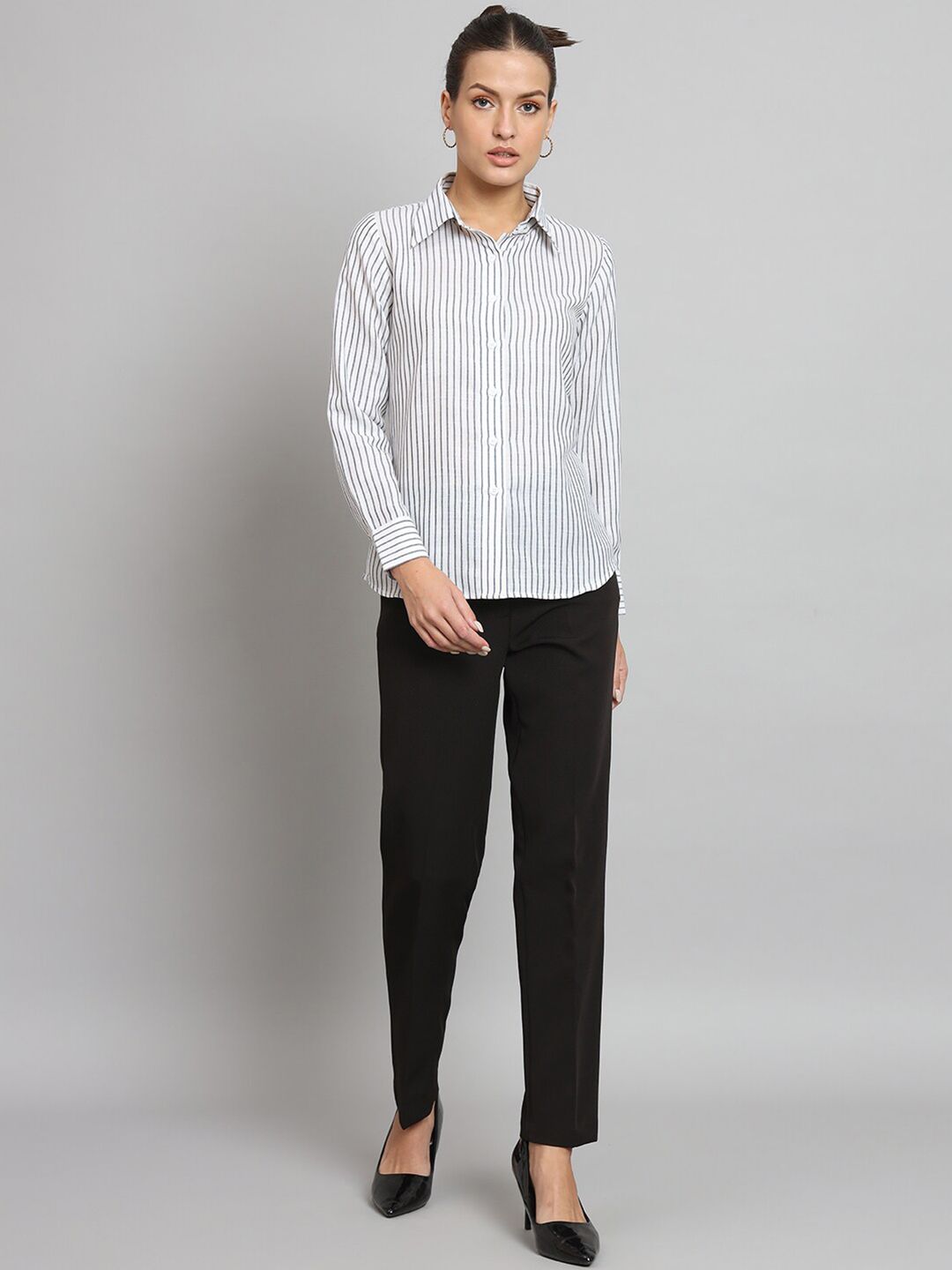 Striped Collared Shirt- White and Grey