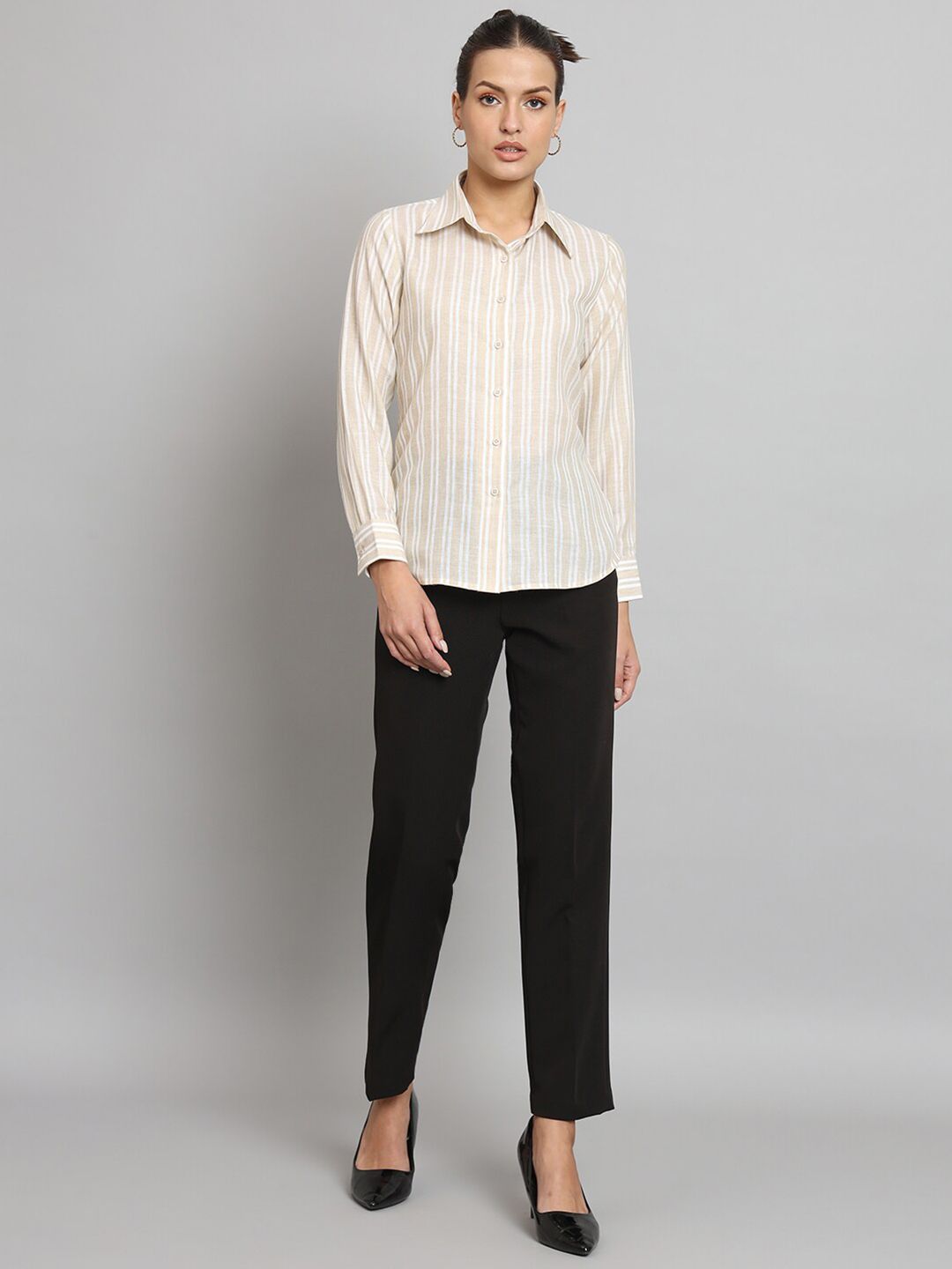 Striped Collared Shirt- Beige and Off white