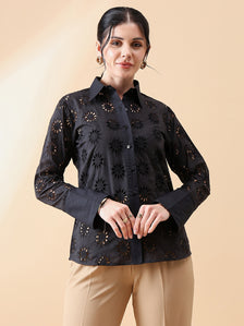 Schiffli Collared Shirt in Black with intricate floral cutout design.