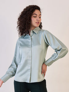 Sage Green Balloon Sleeve Satin Shirt