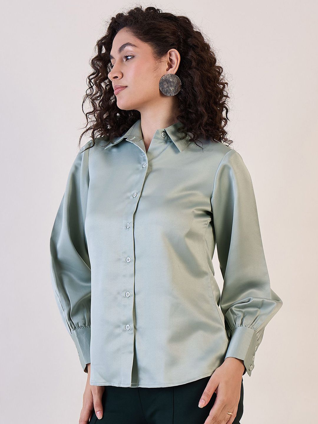 Sage Green Balloon Sleeve Satin Shirt