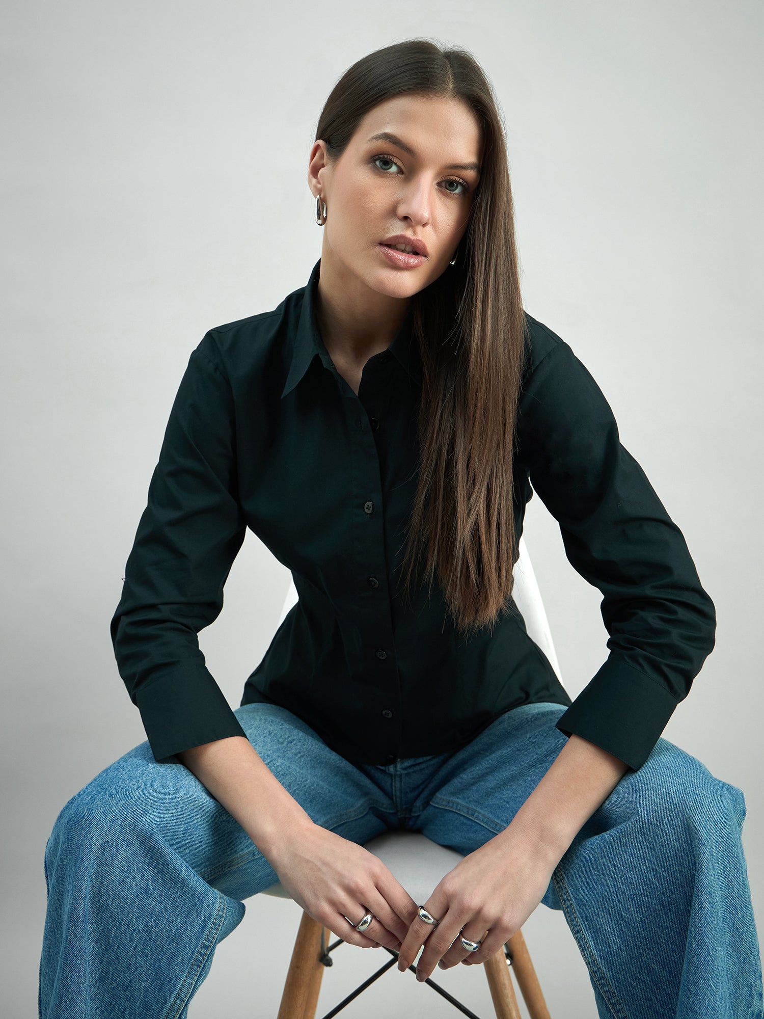 Feminine Classic Button-Down Black Poplin Shirt