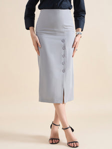 Straight Fit Stretch Longline Button Detail Grey Skirt