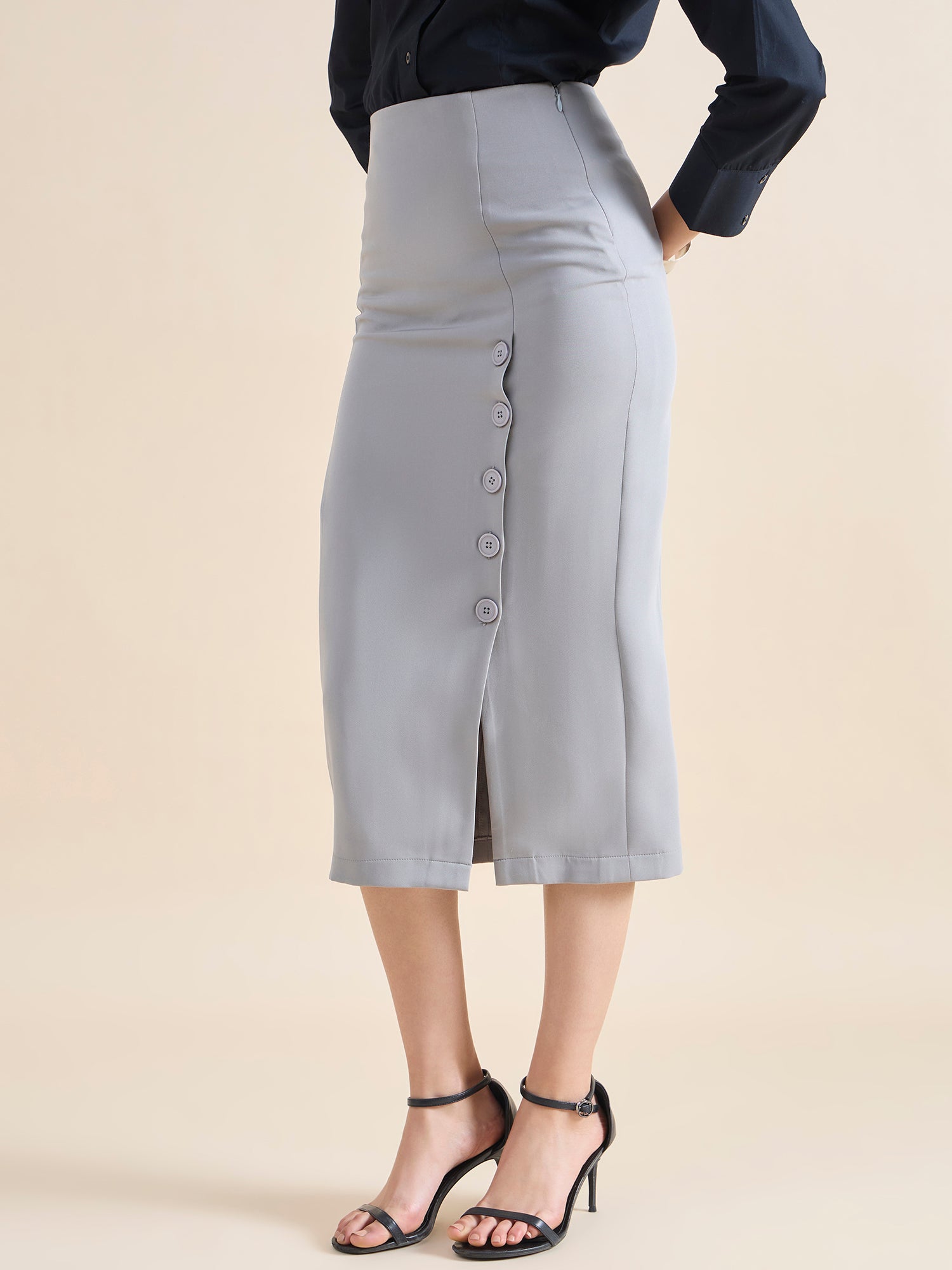 Straight Fit Stretch Longline Button Detail Grey Skirt