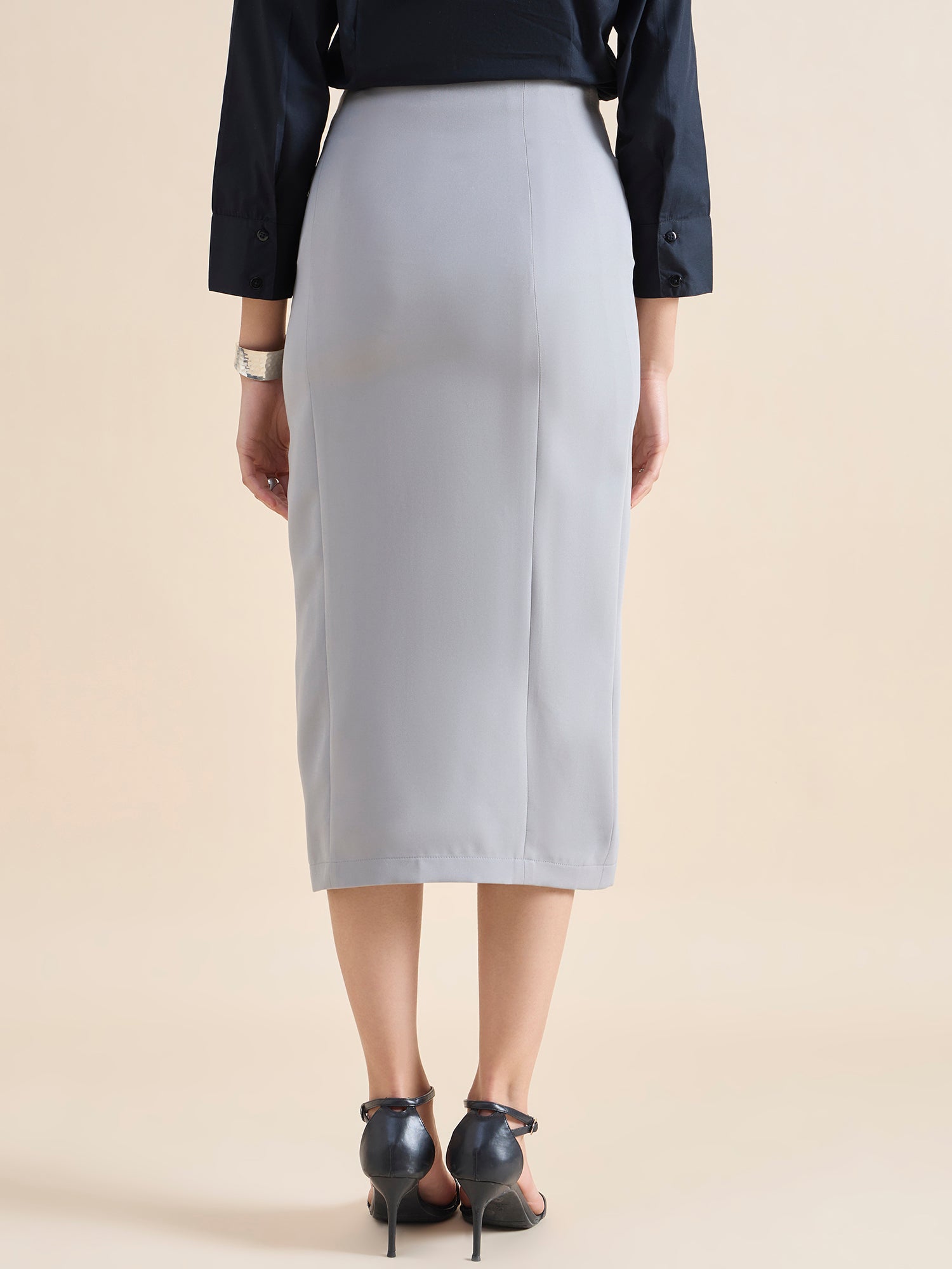 Straight Fit Stretch Longline Button Detail Grey Skirt