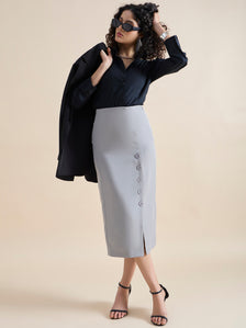 Straight Fit Stretch Longline Button Detail Grey Skirt