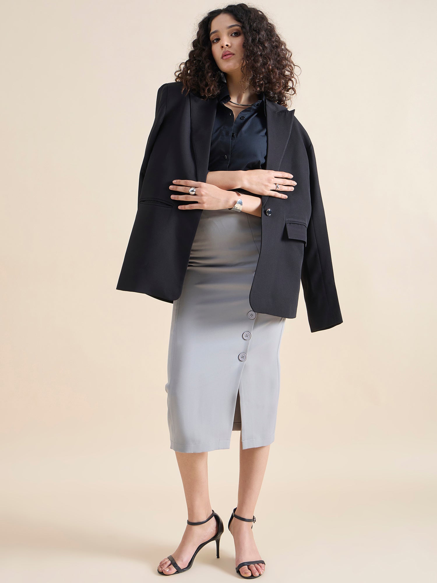 Straight Fit Stretch Longline Button Detail Grey Skirt