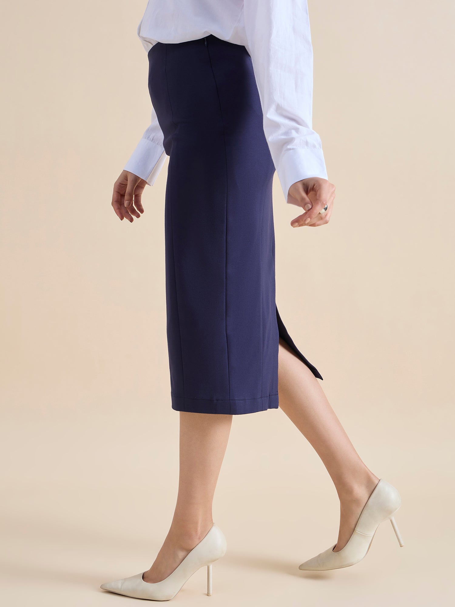 Women 4-Way Stretch Navy Blue Pencil Skirt