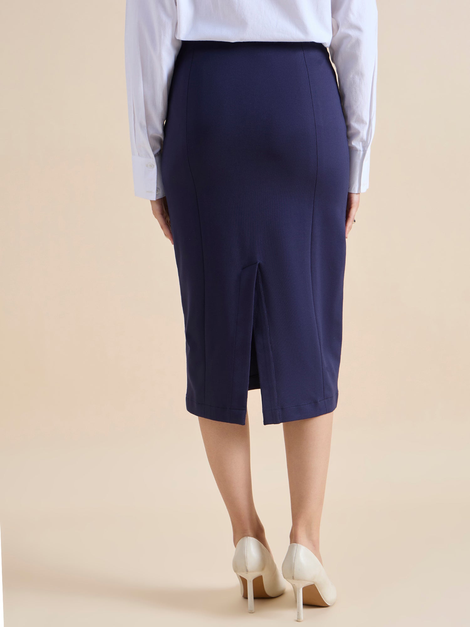 Women 4-Way Stretch Navy Blue Pencil Skirt