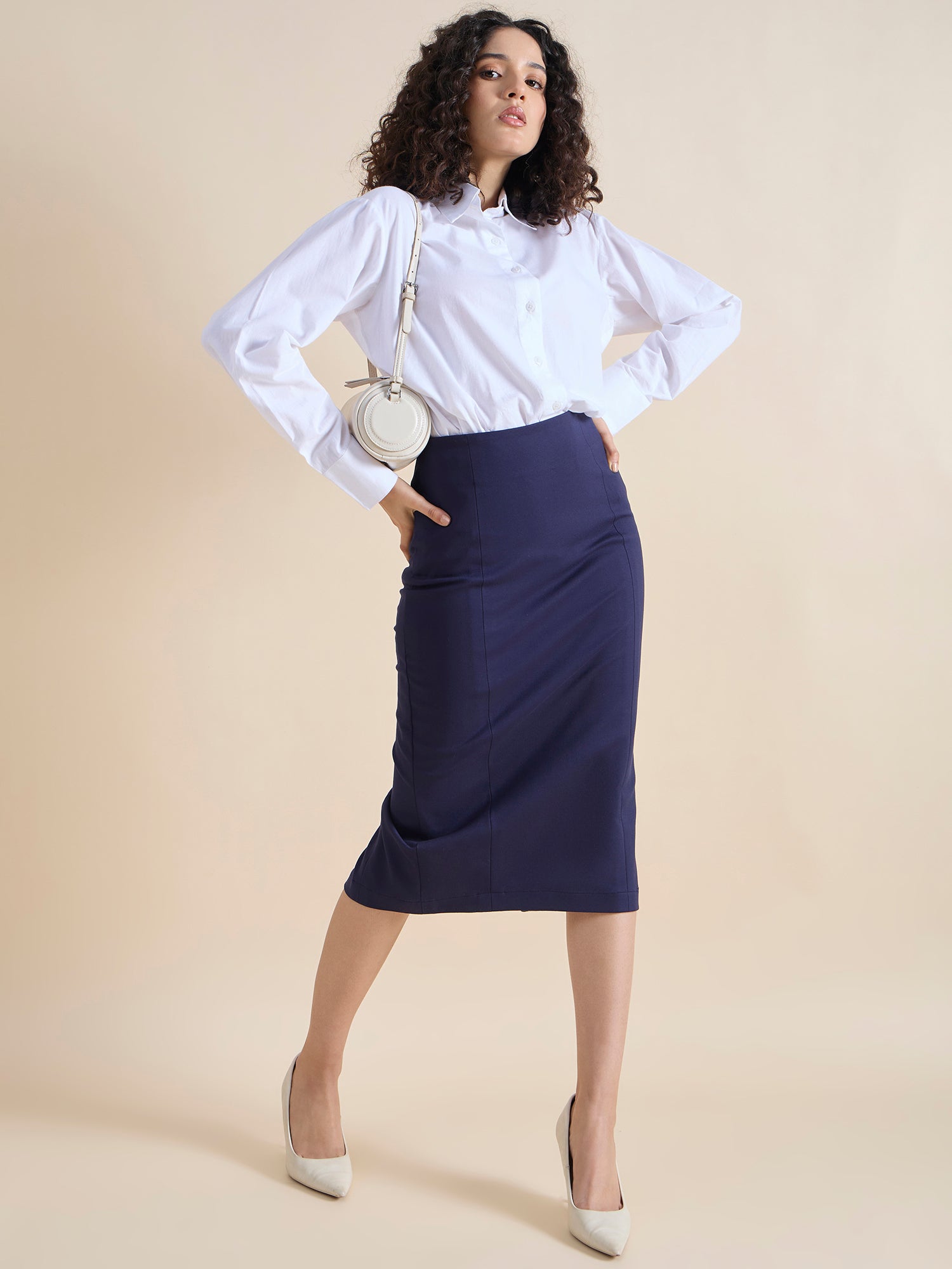 Women 4-Way Stretch Navy Blue Pencil Skirt