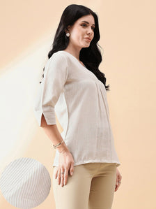 V-Neck Poly Linen Stripe Top - BEIGE