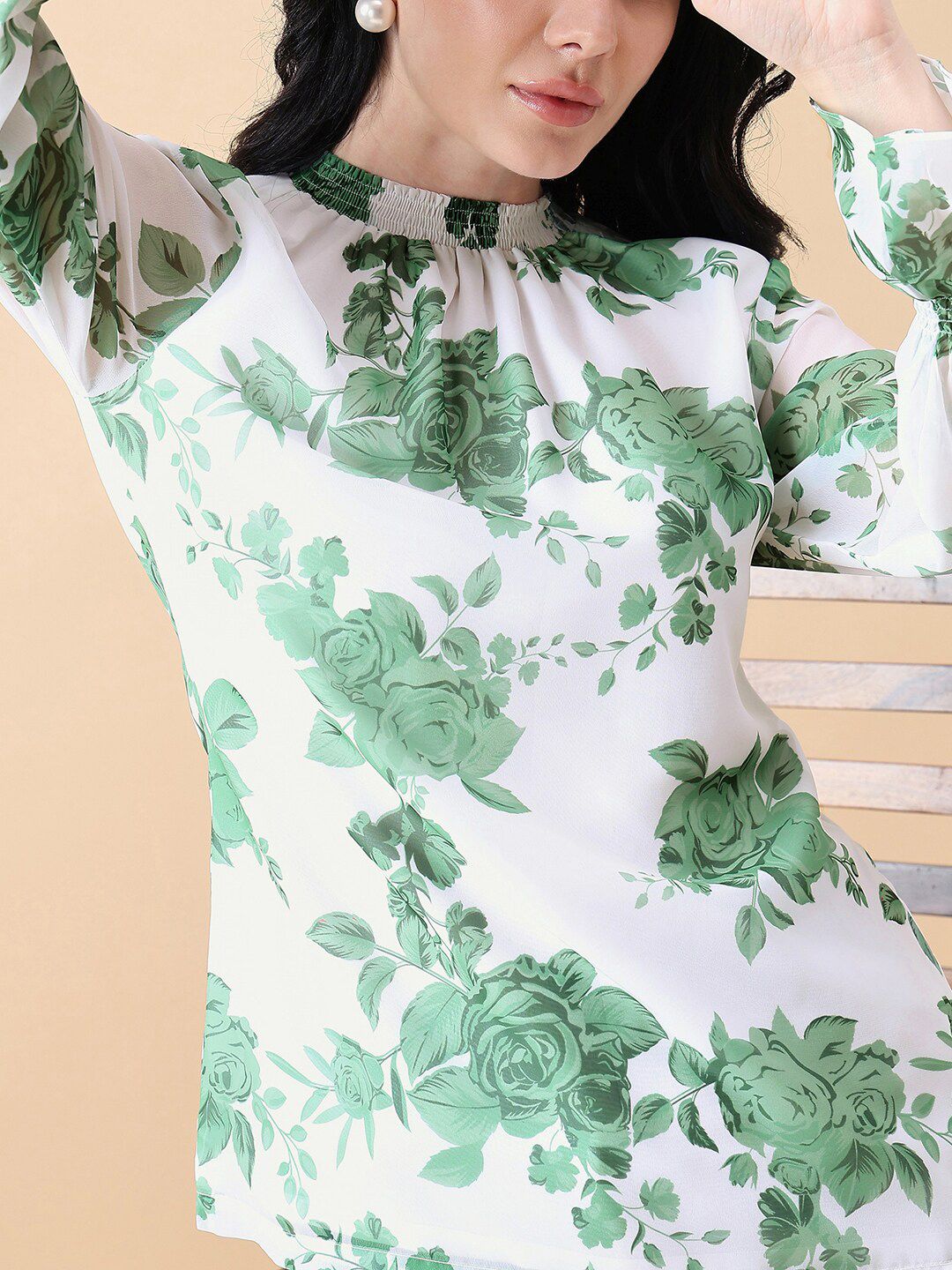 Ban-Neck Georgette Floral Top - Green/ White