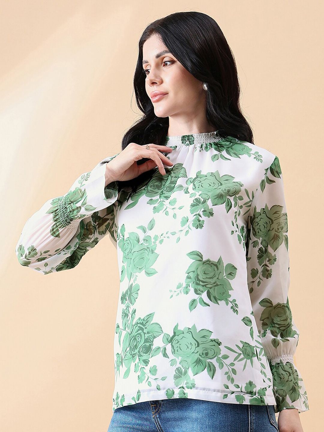 Ban-Neck Georgette Floral Top - Green/ White