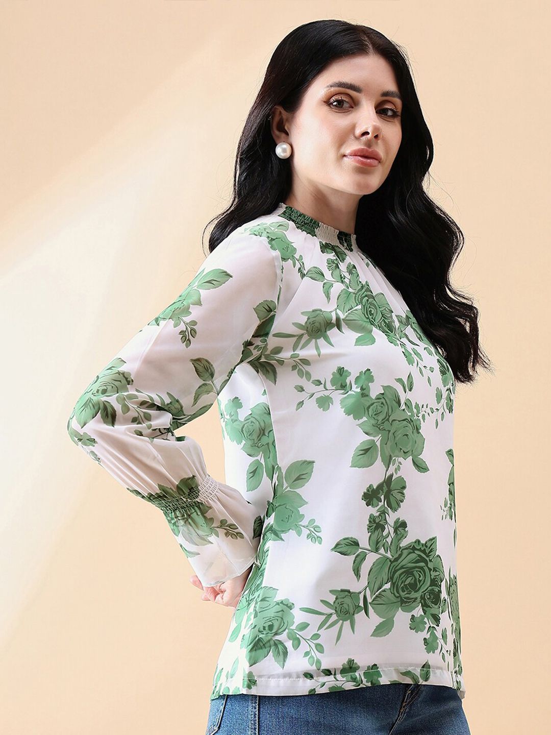 Ban-Neck Georgette Floral Top - Green/ White