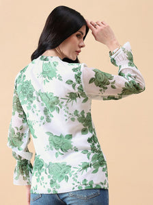 Ban-Neck Georgette Floral Top - Green/ White