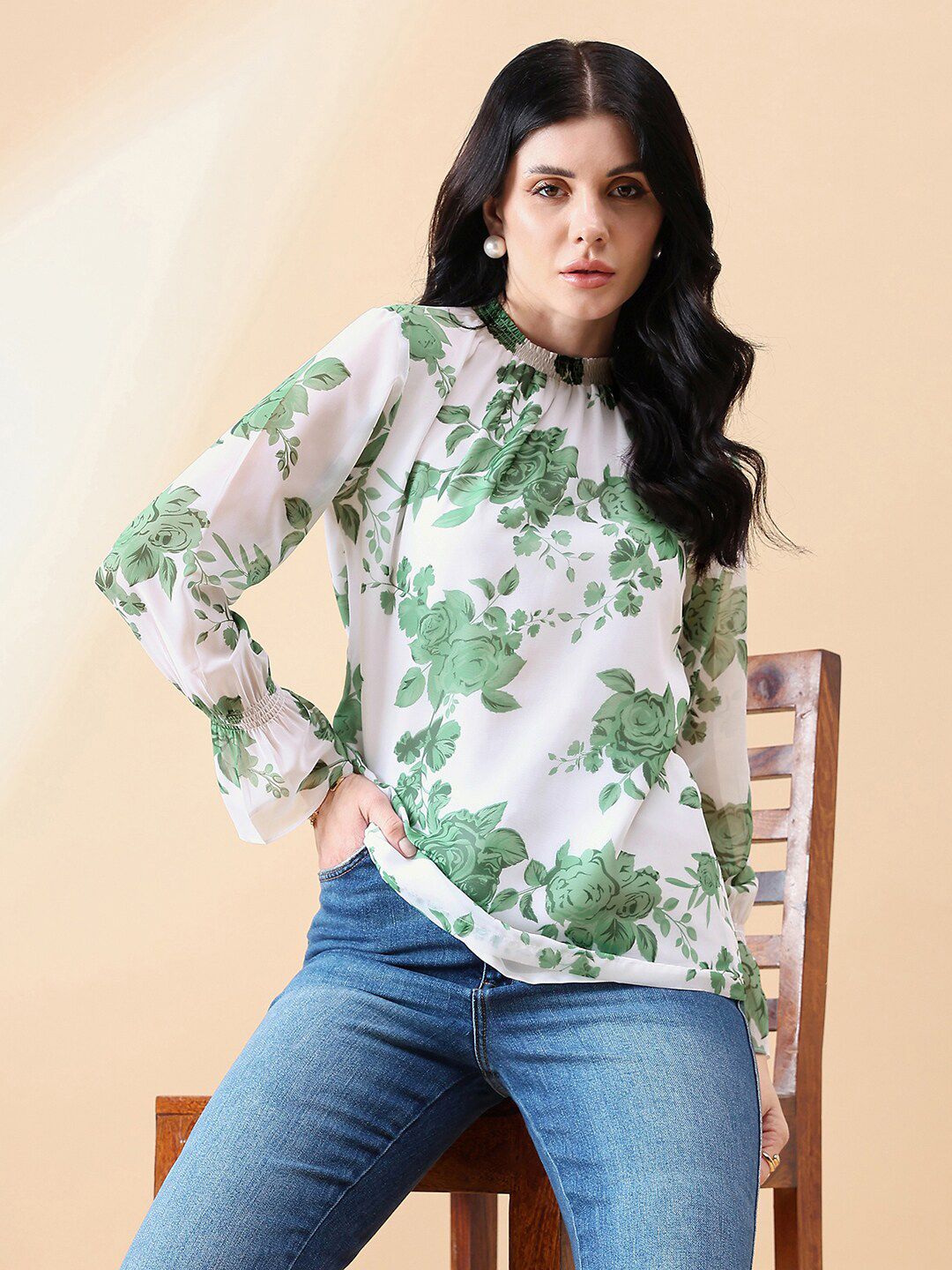 Ban-Neck Georgette Floral Top - Green/ White