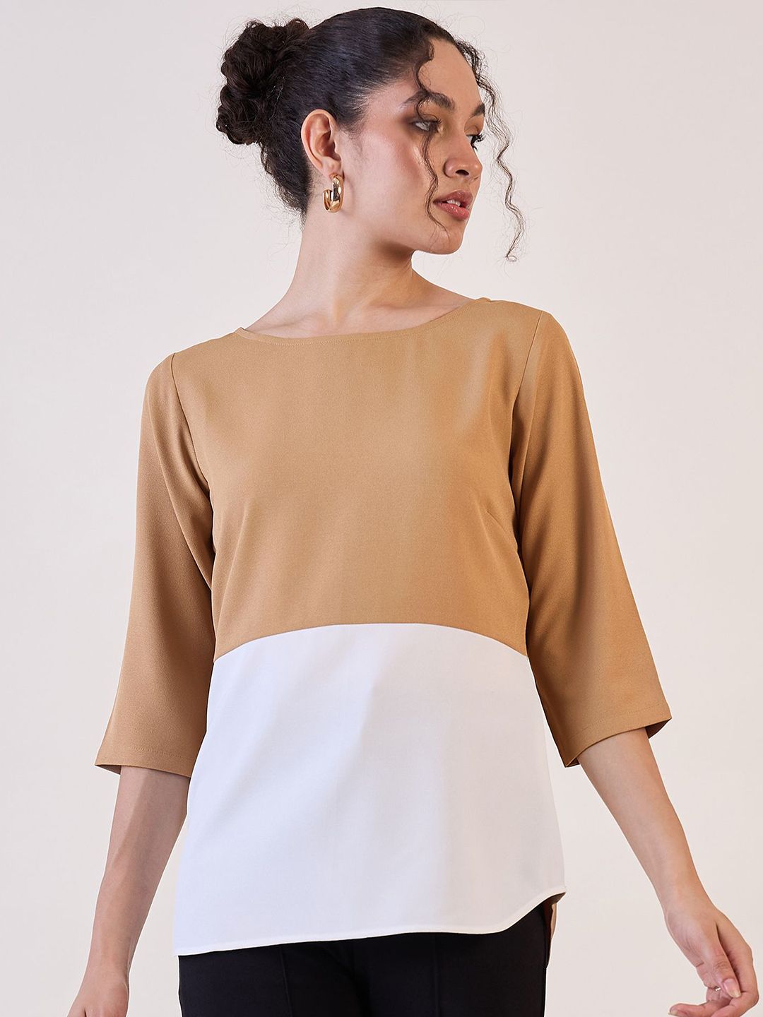 Beige And White Colourblock Top