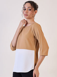 Beige And White Colourblock Top