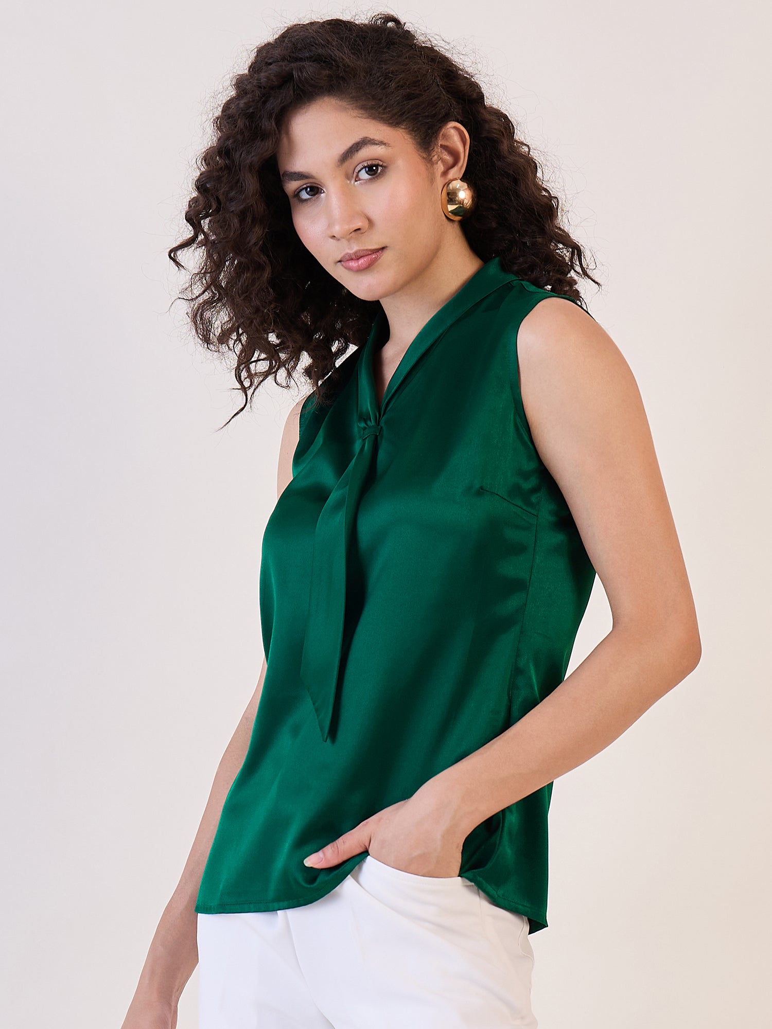 Green satin tie collar neck top for stylish women's fashion.