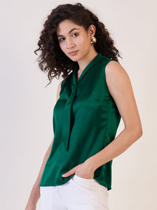 Green satin tie collar neck top for stylish women's fashion.