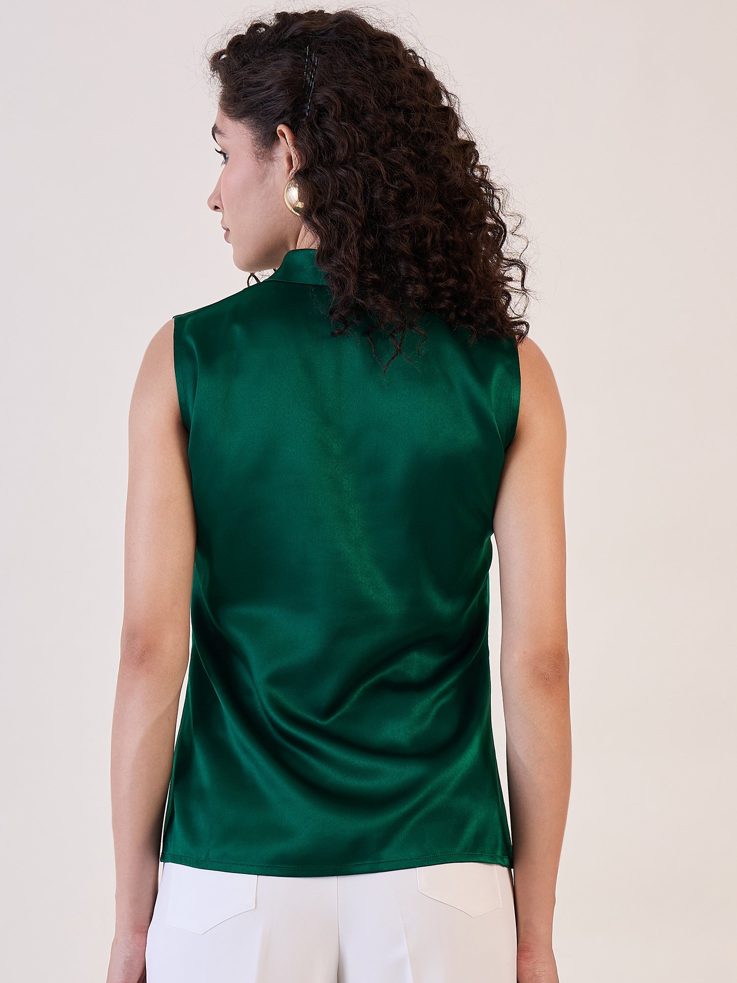 Green satin tie collar neck top, elegant sleeveless design, stylish back view.