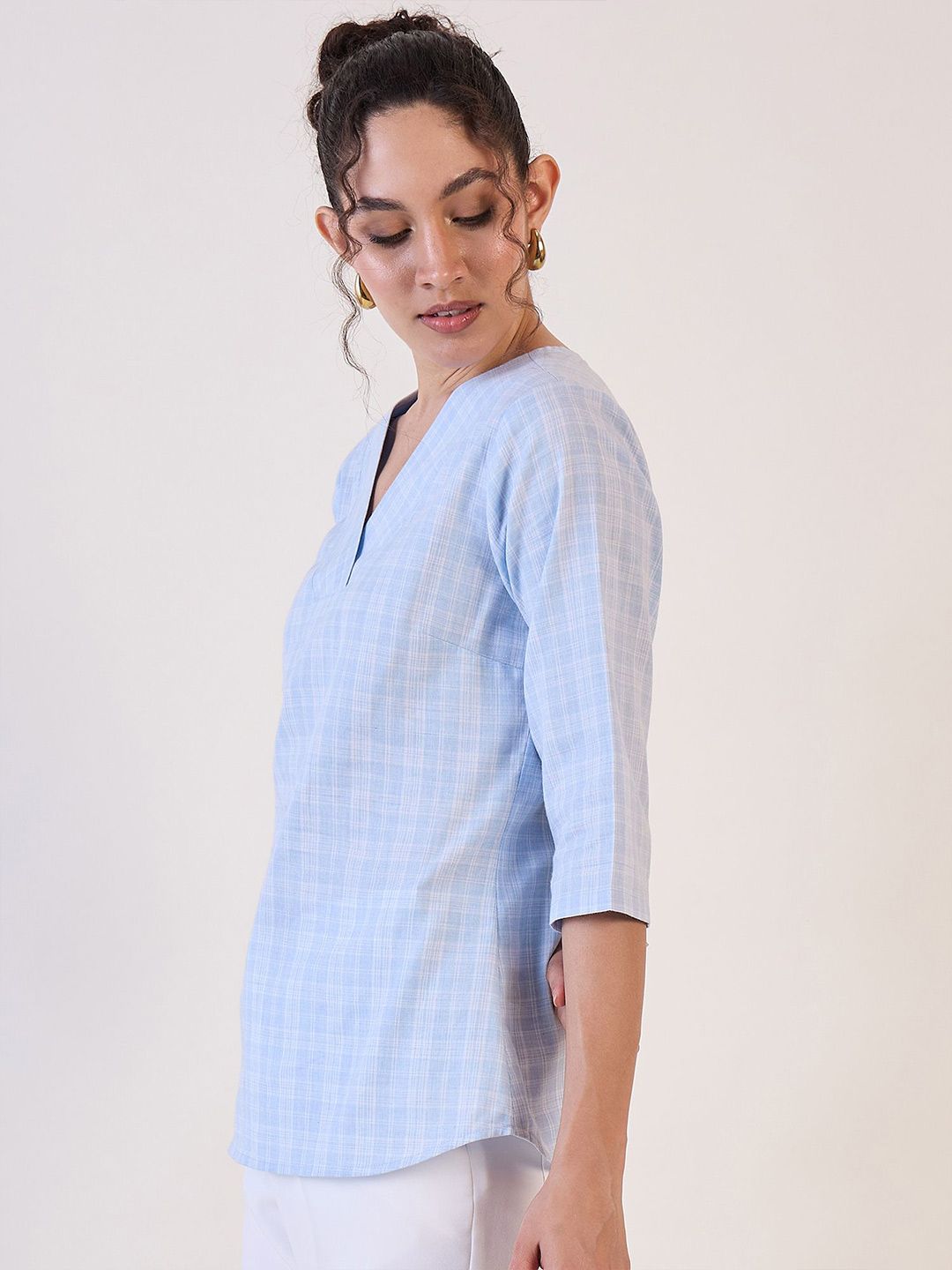 Blue Check V-Neck Top