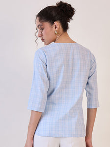 Blue Check V-Neck Top