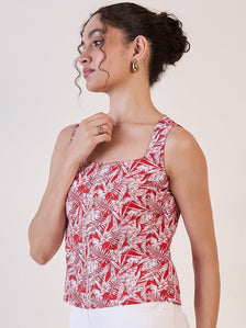 Red Leaf Print Front Zipper top