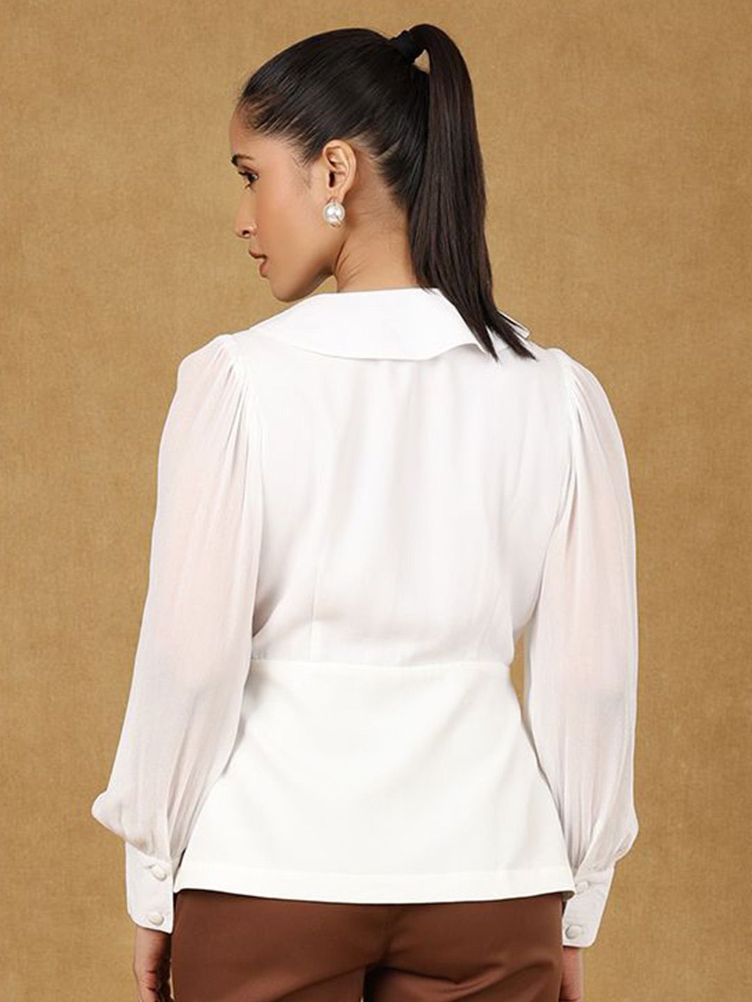 White Full Sleeves Peplum Top