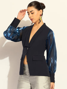 Navy Puffed-Sleeves Split Joint Top In Stretchable Fabric