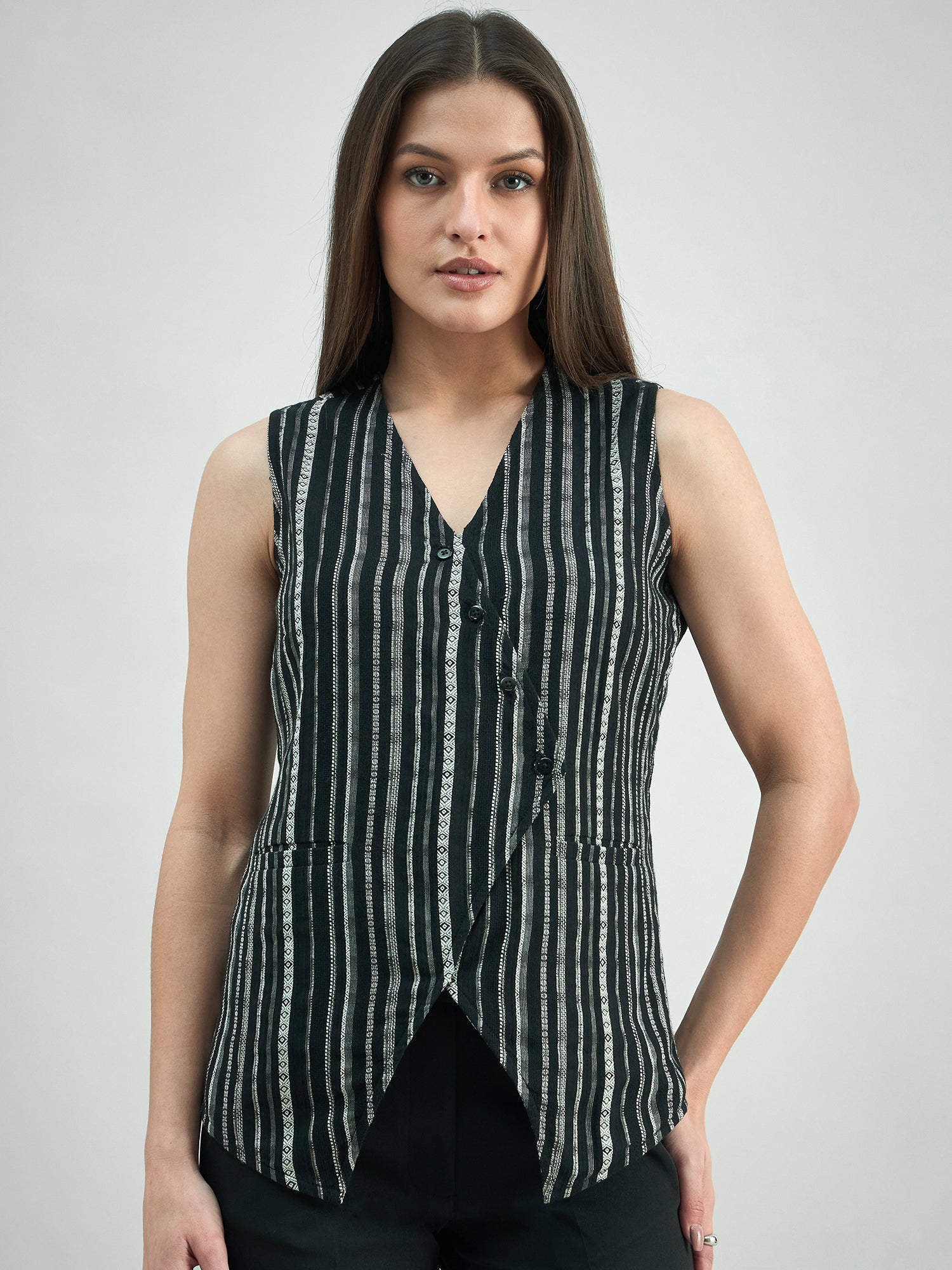 Asymmetric Cotton-Lycra Woven Black & White Striped Vest Top