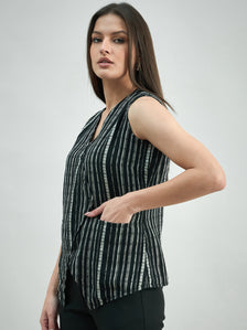 Asymmetric Cotton-Lycra Woven Black & White Striped Vest Top