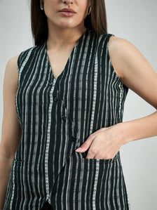 Asymmetric Cotton-Lycra Woven Black & White Striped Vest Top