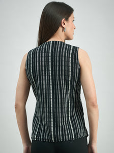 Asymmetric Cotton-Lycra Woven Black & White Striped Vest Top