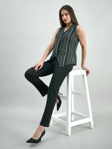 Asymmetric Cotton-Lycra Woven Black & White Striped Vest Top