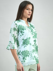 women's floral printed flared sleeve V-neck top