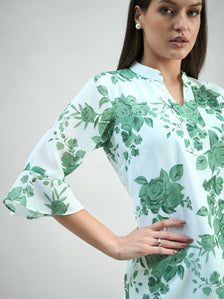 women's floral printed flared sleeve V-neck top