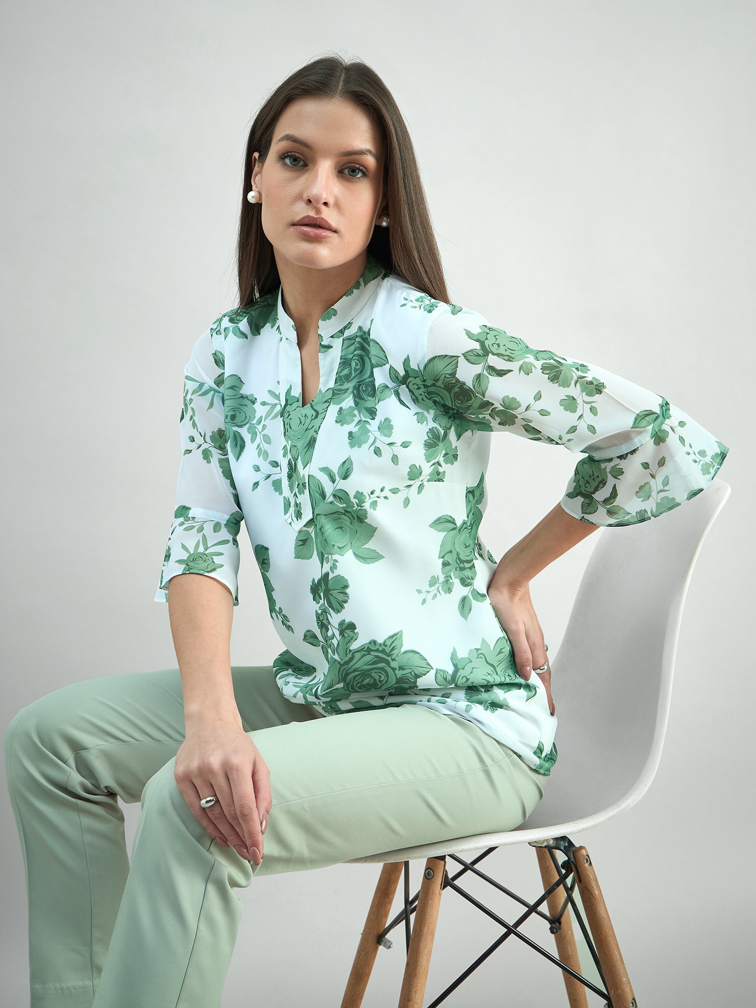 Women Floral Printed Flared Sleeve V-Neck Top