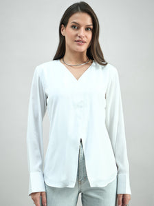 Solid White Front Slit V-Neck Long Sleeve  Blouse