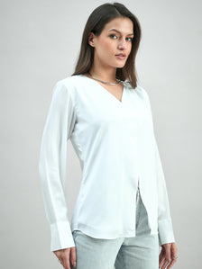 Solid White Front Slit V-Neck Long Sleeve  Blouse