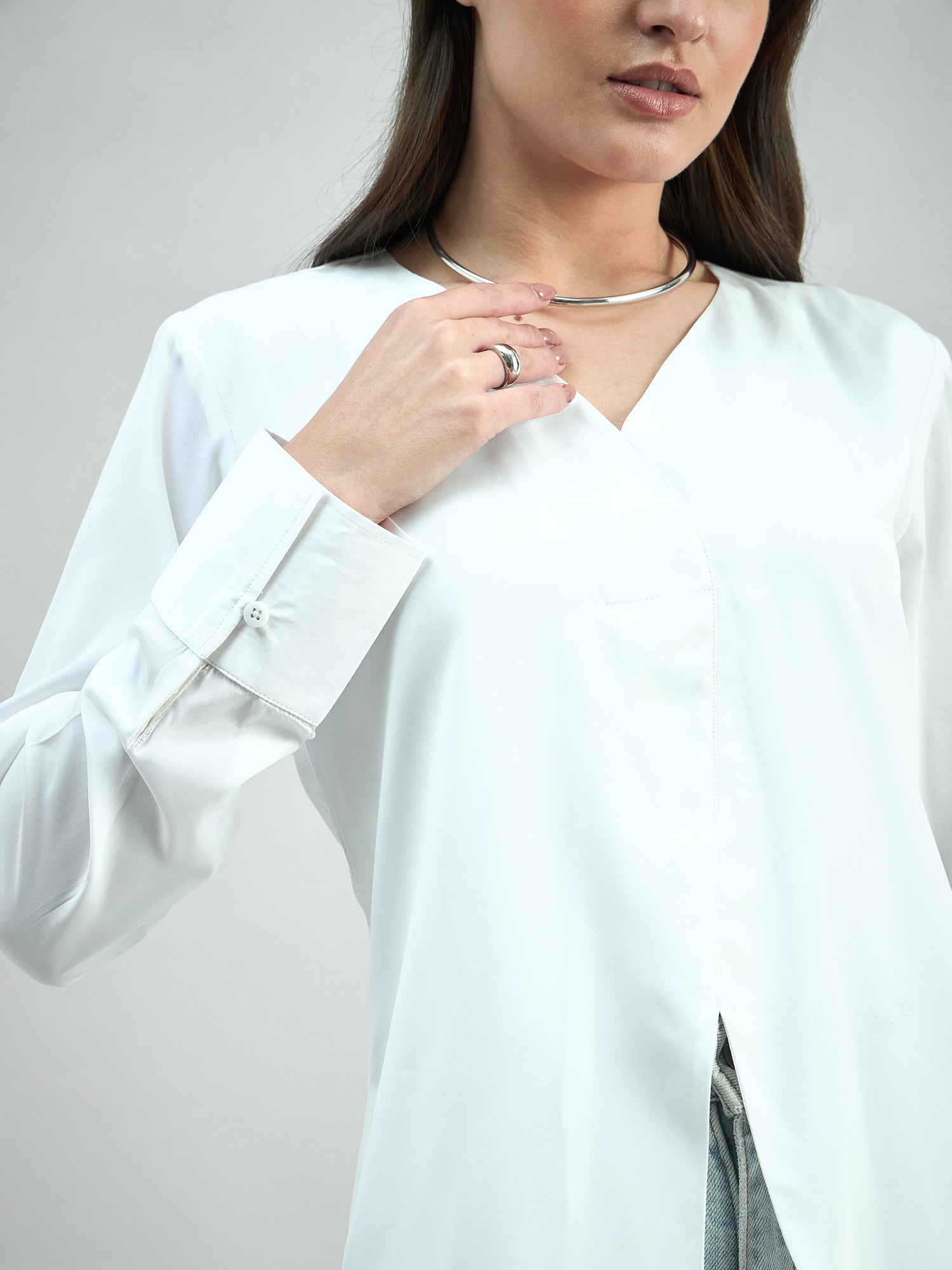 Solid White Front Slit V-Neck Long Sleeve  Blouse