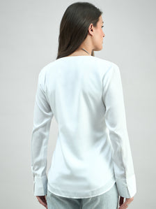 Solid White Front Slit V-Neck Long Sleeve  Blouse