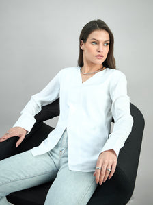 Solid White Front Slit V-Neck Long Sleeve  Blouse