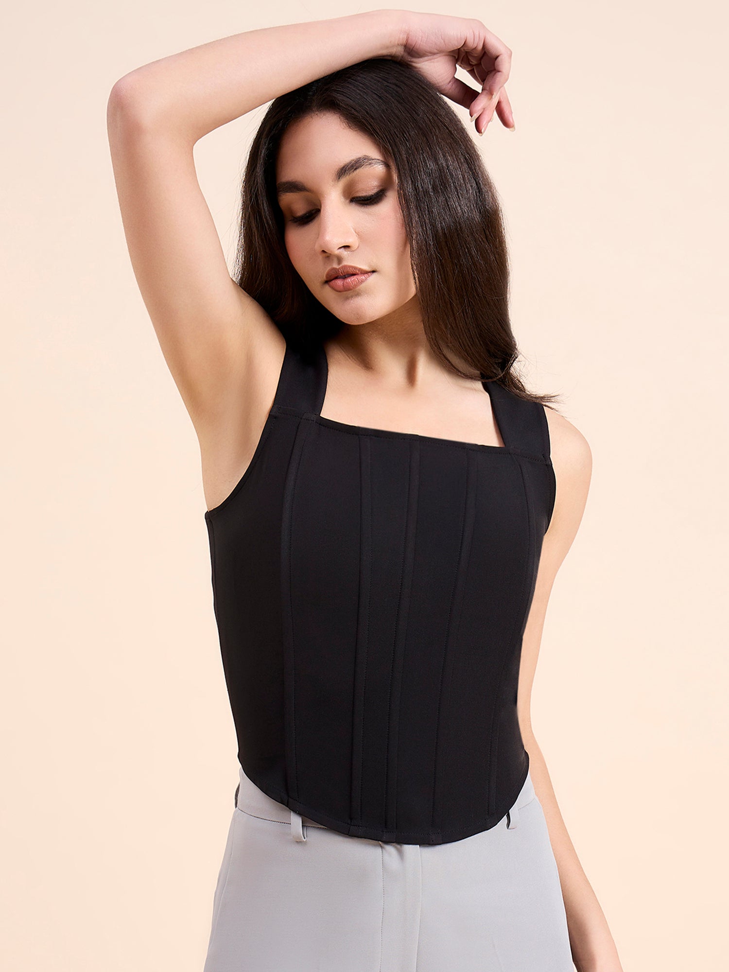 Solid Black Square Neck Corset Crop Top In Stretch Fabric