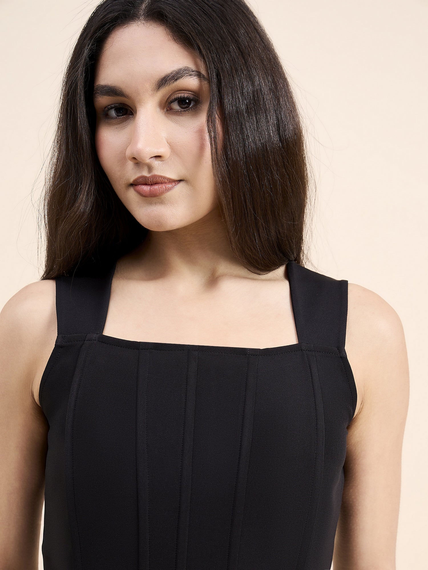 Solid Black Square Neck Corset Crop Top In Stretch Fabric